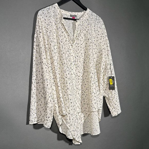 NWT Vince Camuto Floral Print 3/4 Roll Tab Sleeve Tied Button Front Blouse Sz 2X - Picture 2 of 14